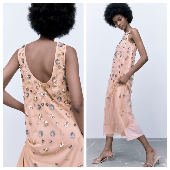 ZARA Limited Edition Tricot Dress With Floral Shaped Beads in Old Pink - Picture 1 of 4